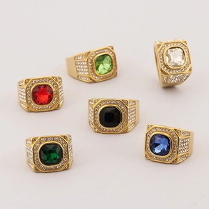 Men Hip Hop Ring Stainless Steel Large Square Zirconia Pavé Rhinestones Retro Luxury Punk Jewelry