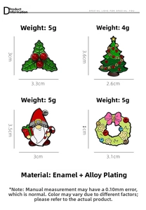 Detailed close-up of colorful enamel Christmas pins with holly tree and santa motifs