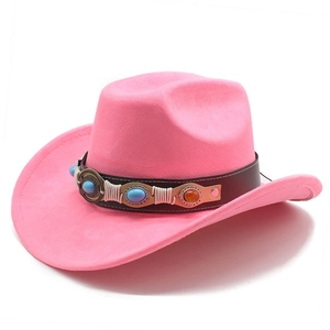 Pink suede cowboy hat detail with leather band and turquoise stone bohemian accents