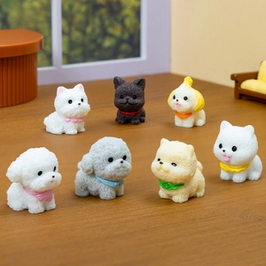 Set of 7 cute puppy miniature figurines with realistic fur textures on wooden surface