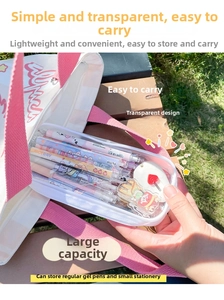 Transparent PVC pencil case inside a tote bag showing large capacity for thirty pens