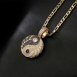 Yin Yang Tai Chi Pendant Necklace Copper With Blue White Zircon Stones Gold Plated Figaro Chain Chinese Taoism Jewelry