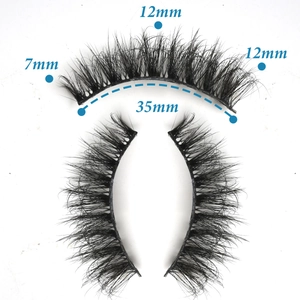 Detail view of black eyelashes showing 7mm to 12mm length and 35mm base arc dimensions