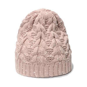 Pink chunky cable knit beanie with ribbed cuff and white flecked yarn details