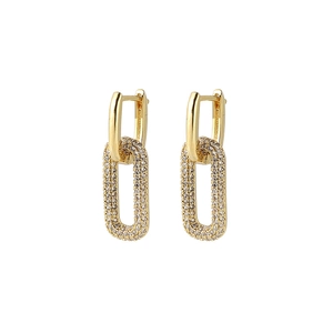 Elegant gold-tone oval earrings with sparkling cubic zirconia pavé on a white background
