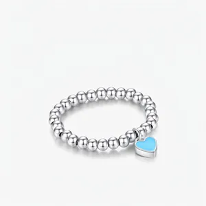 Bague En Argent Sterling 925 Design Künstliche Perles Avec Pendentif Cœur Émail Bleu Anneau Ouvert Réglable Bijoux Minimalistes