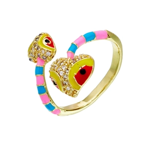 Detailed macro of gold snake ring with colorful enamel hearts and pavé zircon stones