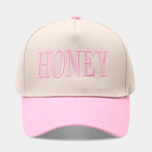 Casquette trucker bicolore beige et rose avec broderie HONEY sur le panneau avant