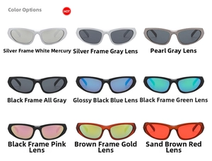 Matrix display of nine different Y2K sports sunglasses in various metallic frame colors