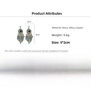 Detail view of bohemian crystal tassel earrings with dimensions 5x2cm and 9.6g weight