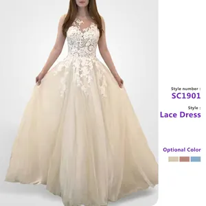 Lace Mesh Wedding Dress Sleeveless Round Neck Flower Embroidery High Waist Long Ball Gown For Women Formal Evening Party
