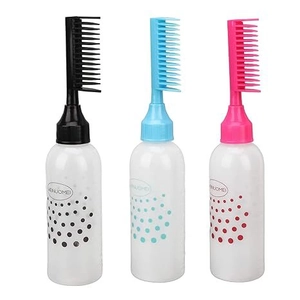 Three-piece hair dye squeeze bottles with comb applicators in black, blue, and pink colors