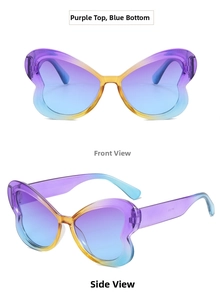 Detailed front and side views of purple and blue gradient butterfly sunglasses MS1502