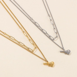 Double-layered stainless steel necklace featuring a guitar pendant in gold and silver finish