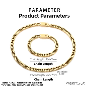 Detailed specs of gold stainless steel Cuban chain set with necklace and bracelet