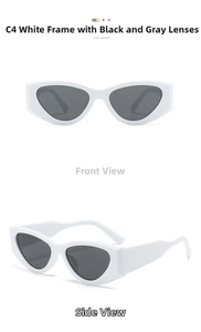 Front and side view of white cat-eye sunglasses with thick frames and black-grey lenses