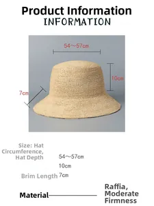 Tabella taglie cappello in rafia con dimensioni 54-57cm e profondità della corona 10cm