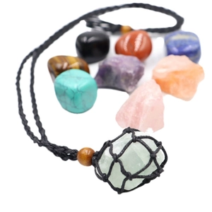 Extra large woven net necklace pouch for stones with adjustable black cord and wooden bead