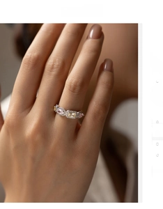 Detail of S925 silver ring featuring a yellow emerald-cut stone and pink oval gems