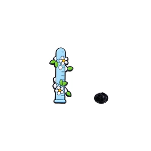 Cartoon enamel pin featuring a blue test tube with white flowers and green vines on white back
