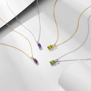 Minimalist S925 sterling silver necklaces with amethyst and peridot rectangular pendants