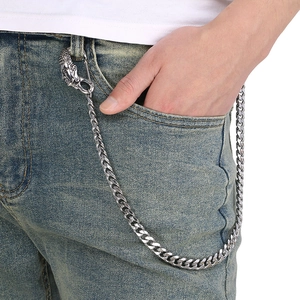 Silver stainless steel jeans chain with dragon buckle on denim pants for street style