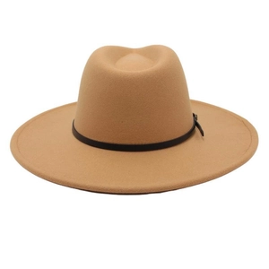 Detail of camel wool fedora hat with a wide brim and classic black leather belt buckle band