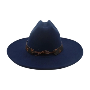 Detail of navy blue wool fedora with brown patterned band and leather bow accent
