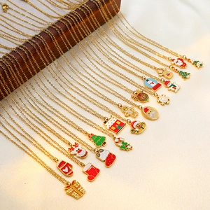 Christmas Cartoon Enamel Santa Claus Reindeer Snowman Pendant Necklace For Women Stainless Steel Gold Plated Holiday Party Fashion Jewelry Gift