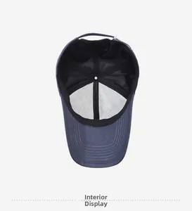 Inside view of navy baseball cap showing black sweatband and reinforced stitching details