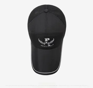 Detailed view of breathable black mesh fishing cap with white wing and P embroidery
