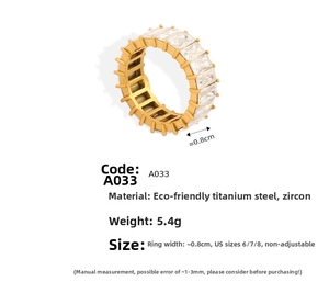 Close-up of gold-plated titanium steel ring with full rectangular zircon inlay detailing