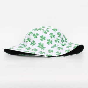 Unisex white bucket hat with green shamrock print for sun protection and outdoor leisure