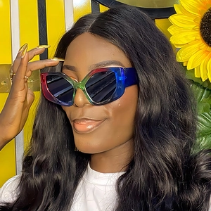 Fashionable oversized polygonal sunglasses with colorful gradient frames and dark lenses