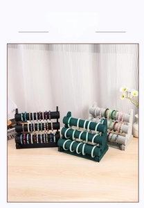 Detailed view of 3-tier velvet bracelet display stands in black, green, and gray colors
