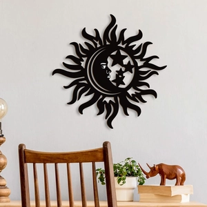 Bohemian black wood wall decor featuring sun moon and stars hollow design in home setting