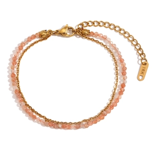 Double-layered 18K gold plated stainless steel bracelet with orange sunstone beads