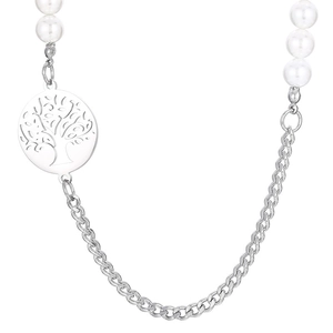 Silver chain butterfly pearl necklace with tree of life pendant on white background