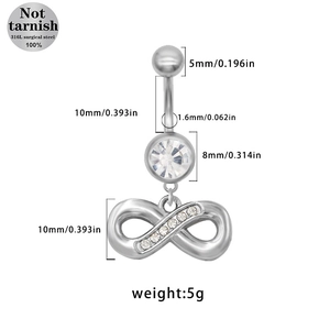 Vue détaillée du piercing de nombril en acier avec breloque infini et dimensions