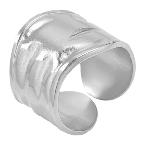 Close-up of a wide silver stainless steel ring featuring irregular hammered textures