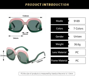 Detailed size specifications of fashion rectangular sunglasses with PC frame measurements