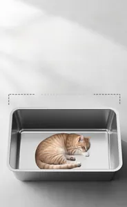 Vue détaillée du grand bac à litière en inox de 60cm montrant l'espace intérieur spacieux