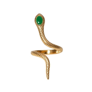 Exaggerated golden snake ring with green gemstone and textured scales for women