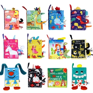 Set of 12 colorful sensory baby cloth books with interactive animal tails and crinkle paper
