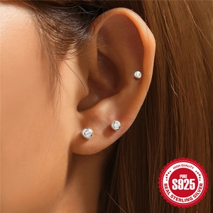 Three-piece set of S925 sterling silver mini stud earrings with clear cubic zirconia