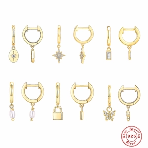 925 Sterling Silver Drop Hoop Earrings For Women Gold Plated Zircon Artificial Pearl Star Lock Butterfly Geometric Jewelry