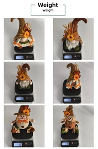Detail view of various Thanksgiving gnome figurines with weight measurements for logistics