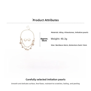Detailed view of double-layer pearl necklace and earring set with product dimensions