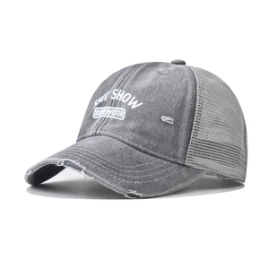 Distressed grey baseball cap with SHIT SHOW SUPERVISOR print and breathable mesh back