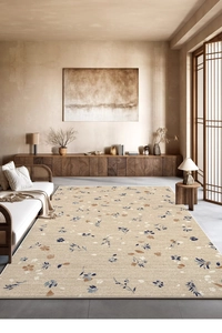 Modern minimalist area rug with floral leaf pattern in a Zen style living room setting
